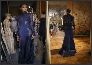 Élégant Zuhair Murad bleu marine longue sirène robes de soirée col haut dentelle appliques perlée Illusion fête robes de bal spécial Occs6703376