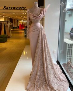 Elegent roze meimaid avondjurken jurken 2021 een lange mouw sheer kant formele feestjurk voor vrouwen plus size
