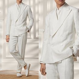 Tuxedo de mariage élégant en lin blanc pour hommes, Double boutonnage, revers à pointe, pour fête d'affaires, veste et pantalon deux pièces