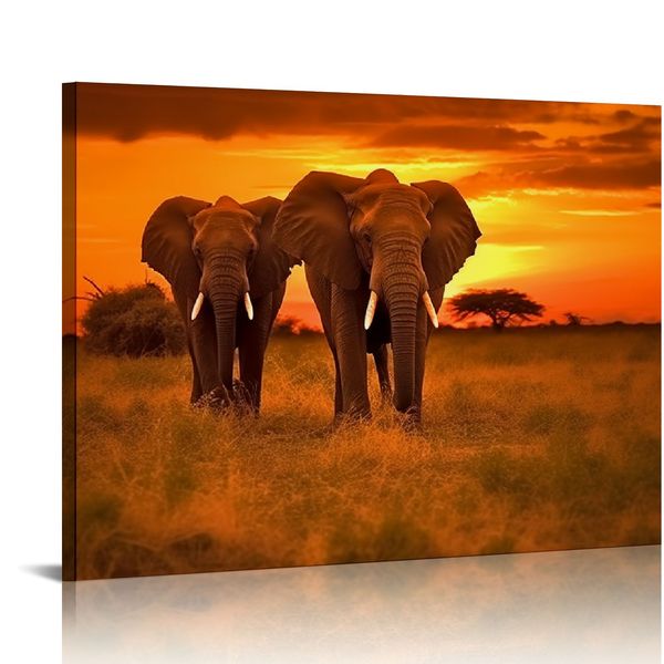 Elephant at Sunset Landscape Canvas Wall Art African Animals Imprimés Imprimés Nature Paintes de soleil pour les enfants modernes Décoration de chambre de chambre à coucher chaque panneau