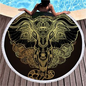 Tapisserie à pampilles bohème en forme d'éléphant, serviette de plage ronde noire de 150cm, grande pour adultes, tapis de couverture absorbant en microfibre