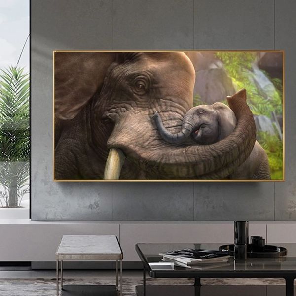 Póster de elefante, madre y sol, pintura en lienzo, imágenes artísticas de pared para sala de estar, impresiones de animales, decoración del hogar, decoración interior, 305K