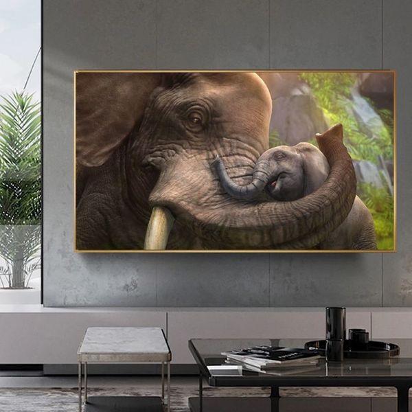 Póster de madre y sol de elefante, pintura en lienzo, imágenes artísticas de pared para sala de estar, impresiones de animales, decoración del hogar, decoración interior 3108