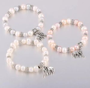 Bracelet en perles d'eau douce, pendentif éléphant, brins de perles blancs, élastique extensible, bijoux à la mode pour mariage, LL, 7-8mm