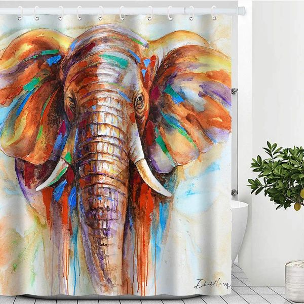 Cortina de ducha de elefante Pintura de acuarela Arte de animales Cortinas de ducha de elefante Conjunto impermeable con ganchos Decoración de baño