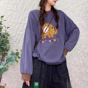 Éléphant Sweats à capuche pour femmes Mignon Dessin animé Broderie Top 2023 Automne Dame Doux Décontracté Lâche Col Rond Pull Sweat Violet Sudaderas