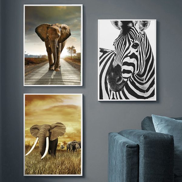 Elefante cebra León jirafa rinoceronte negro blanco Animal lienzo pintura arte impresión póster imagen pared decoración nórdica