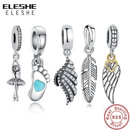ELESHE Authentique 925 Sterling Silver Wing Pendentif Dangle Charm Perles Fit Original Bracelet Collier DIY Bijoux Accessoires Q0531