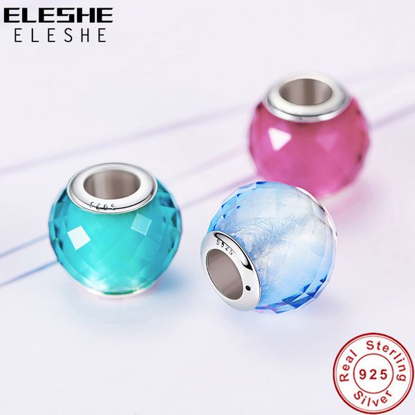 ELESHE Original 925 Sterling Silver Crystal Charms Facettes Perles De Verre De Murano Fit Femmes Charme Bracelet Authentique Bijoux Cadeau Q0531