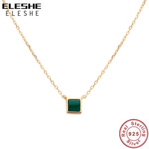 ELESHE véritable argent Sterling 925 avec collier plaqué or 18 carats collier pendentif carré Malachite pour femmes bijoux fins Q0531