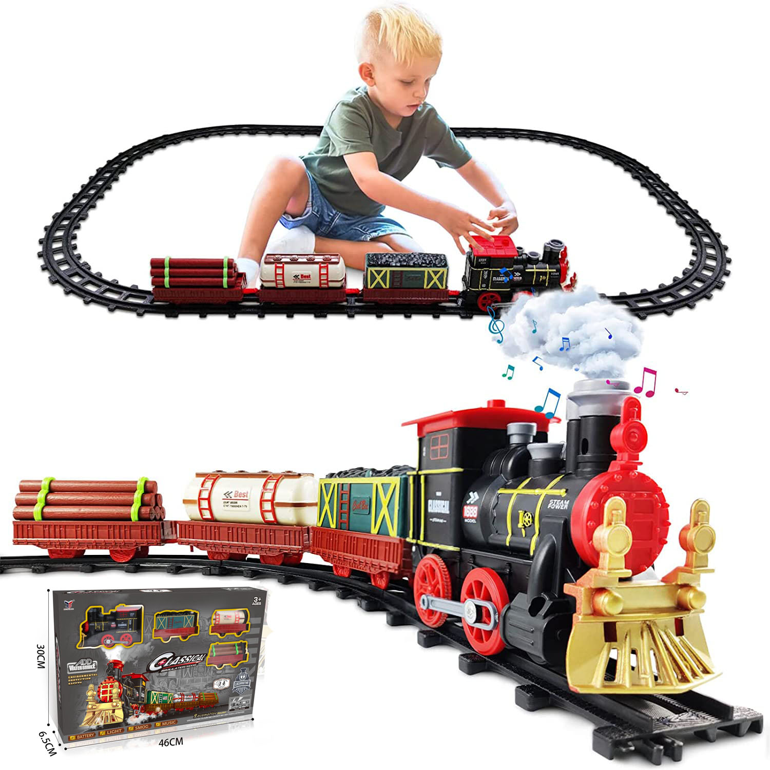 Eletric Track Toys Set Battery Operated Train Around with Smoke Light Sound Toy Steam Locomotive Engine Carriages