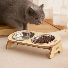 Bols de compagnie surélevés incliné en simple chat en acier inoxydable bols de nourriture en bois pour chiens en bois