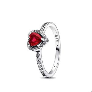 Verhoogde rode hartring voor authentieke Sterling Sier Wedding Party Rings Designer sieraden voor vrouwen Girls Crystal Diamond Love Ring met originele boxset