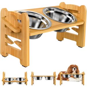 Elevated Stainless Dog Bowls with Bamboo Stand Tilted Adjustable Raised Puppy Cat Food Water Holder Pet Feeder Accessories 240116