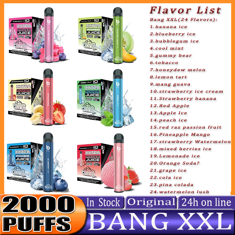 Bang XXL 2000 Puffs Cihaz Tek Kullanımlık Elektronik Sigara Vape Kalem 800mAh Pil 2% 5% 6% 20mg 50mg 60mg Pods Önceden Doldurulmuş Buhar Kiti