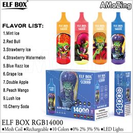 Elf Box RGB14000 Puff 14K Cigarettes électroniques jetables rechargeables 14000 Puffs Mesh Coil Vape Pen Vaporisateurs 10 Saveurs 0% 2% 3% 5% 25ml Big Vapors