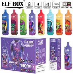 ELF BOX 14000 Pro Puffs Cigarettes E jetables Vapeurs Puff 14k 0% 2% 3% 5% Affichage LED Bobine de maille de 1,0 ohm 25 ml Pod prérempli 600 mah Stylo à lanière rechargeable avec lumière RVB