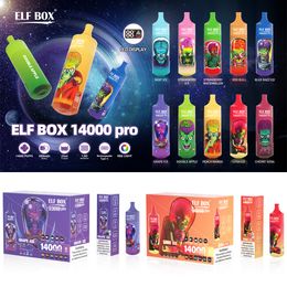 ELF BOX 14000 Pro Puffs Cigarettes E jetables Vapeurs Puff 14k 0% 2% 3% 5% Affichage LED Bobine de maille de 1,0 ohm 25 ml Pod prérempli 600 mAh Rechargeable RGB Light Lanyard Pen vapes