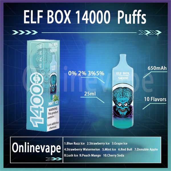 ELF BOX 14000 Puff Cigarettes électroniques jetables 25 ml Pod 650 mAh Batterie 10 Saveurs Cigs électroniques rechargeables Puffs 14K 0% 2% 3% 5 Barre de vape jetable