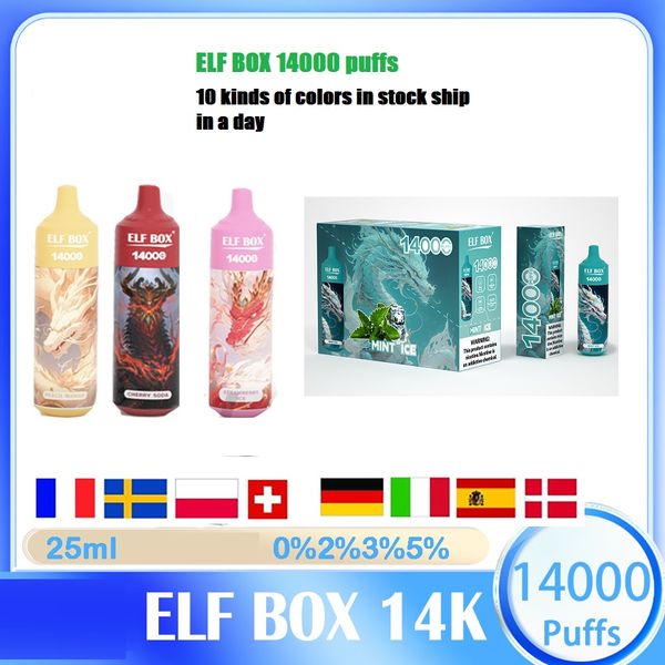 ELF BOX 14000 Puff Vapes jetables Pen Puff 14000 E Cigarette 0% 2% 3% 5% Vaporiser Recharge Mesh Coil Vape Pen Puffbars expédier une bouffée d'un jour 14K vs elfbar vape