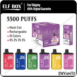 Elf Box 5500 Puffs Kit de inicio de Vape desechable Cigarrillos electrónicos recargables Bobina de malla Barra de pluma 13 ml Cartuchos de cápsulas 0% 2% 3% 5% 10 colores