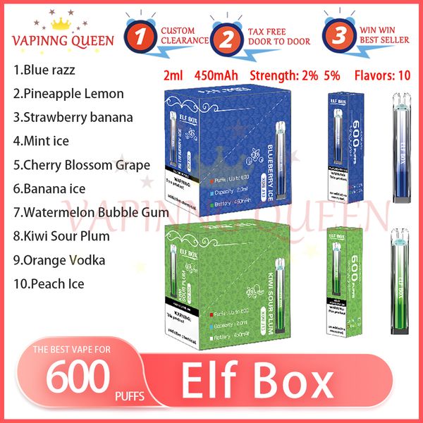 ELF BOX 600 Puff E Cigarettes 2% 5% 2ml Pod pré-rempli 450mAh Batterie 10 Saveurs Jetable Vape Pen Puffs 600 Source Fabricant