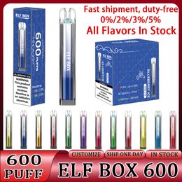 Elf Box 600 Rookwolken Wegwerpartikelen Vapes Pen Puff 600 Elektronische sigaretten 2 ml 450 mAh Pod Mesh Coil Oplaadbaar Luchtverstelbaar 0% 2% 3% 5% Apparaat