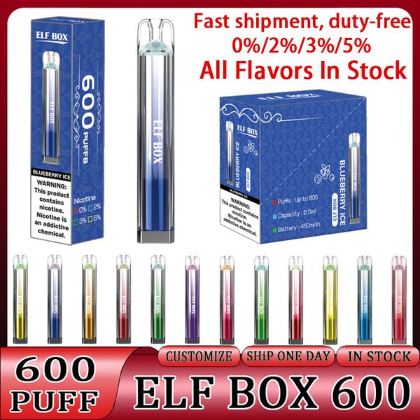 Elf Box 600 Puffs Desechables Vapes Pen Puff 600 Cigarrillos electrónicos 2 ml 450 mAh Pod Mesh Coil Recargable Aire ajustable 0% 2% 3% 5% Dispositivo