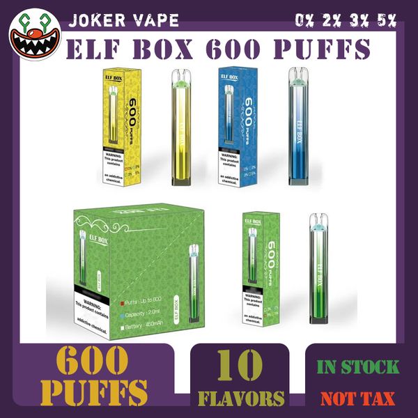 ELF BOX 600 Puffs Cigarettes E originales 0% 2% 3% 5% 2ml Pod pré-rempli 450mAh Batterie 10 Saveurs Vape Pen Puffs jetables 600 en stock