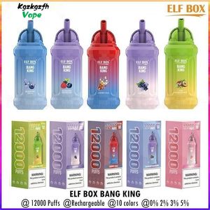 Elf Box Bang King Puff 12k 12000 Puffs E Cigarettes Authentiques Disposables Vape Pen Mesh Coil Rechargeable 600mAh Battery Vapers 0% 2% 3% 5% 10 Couleurs Vaporisateurs VAPPER