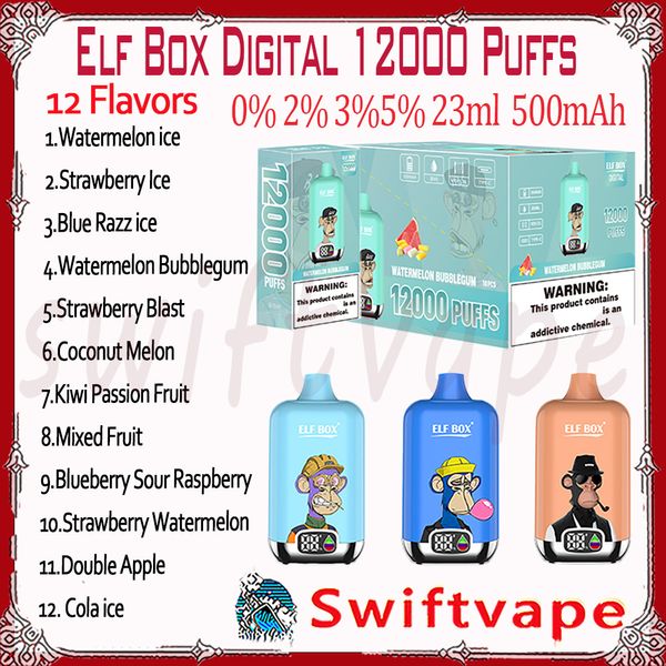 Elf Box Digital 12000 Puff Disposable E Cigarette 500mAh Batterie rechargeable 12 saveurs 23 ml 0% 2% 3% 5% RVB GLOW 12K Puffes Vapes Pen Starter Kit Authentic Wholesale