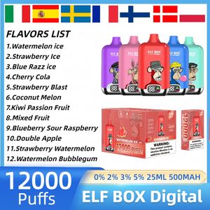 ELF BOX Digital puff 12000 vape desechable 12 sabores Puff 12k e cigarrillo 500 mah Batería recargable Precargado 25 ml vape pen Cartucho pod 0% 2% 5% elf bar vs randm 12k