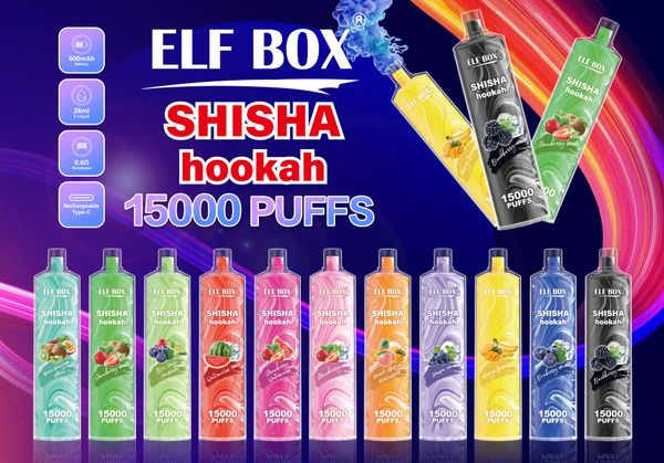 ELF Box Puff 15k Shisha Hookah 15000 Puffs Vape jetables E Cigarettes 0% 2% 3% 5% 26ml Pod prérempli 0.6ohm 600mah Stylo de batterie rechargeable