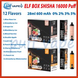 Box elfe Shisha 16000 Puffle jetable E Cigarettes Bobine de maille 28 ml POD PREFILET 600mAh Batterie Cigs électroniques 0% 2% 3% 5% Puffes de niveau 16K
