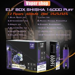 ELF Box Shisha 16000 Puff Vape desechable 12 Sabores 28 ml Dispositivo prefellado 600mAh Tipo-C Batería recargable de 16K E CIRCETOS