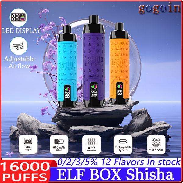 ELF Box shisha 16000 bocanadas desechables e cigarrillos LED PUSHELA 16K 0% 2% 3% 5% 28 ml POD MED MED COUL 600MAH COMBRA DE AIGLO AJUSTABLE AJUSTABLE RECHA