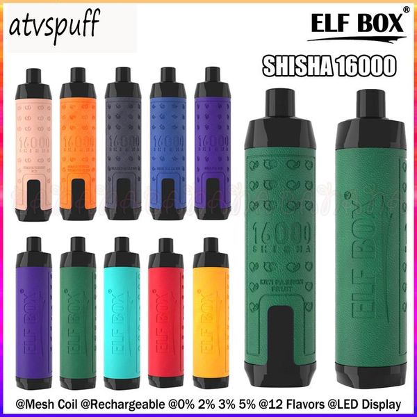 Elf Box Shisha 16000 Puffs Puff 16k Vape jetable LED Affichage Mesh Coil E Cigarettes Débit d'air réglable Pré-rempli 28 ml E-liquide rechargeable 600 mah Batterie Vaper