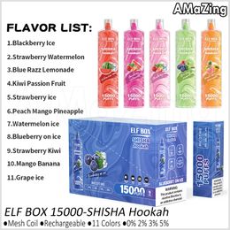 Elf Box Shisha Hookah 15000 Puffs Jetable Vape Pen Puff 15k Cigarettes électroniques rechargeables 26ml Chariots pré-remplis 11 Saveurs 0% 2% 3% 5% Vaper