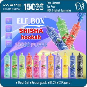 Elf Box Shisha Hookah 15000 Puffs Jetable Vape Puff 15K Rechargeable Mesh Coil E Cigarettes 0% 2% 3% 5% Vaper 12 Saveurs