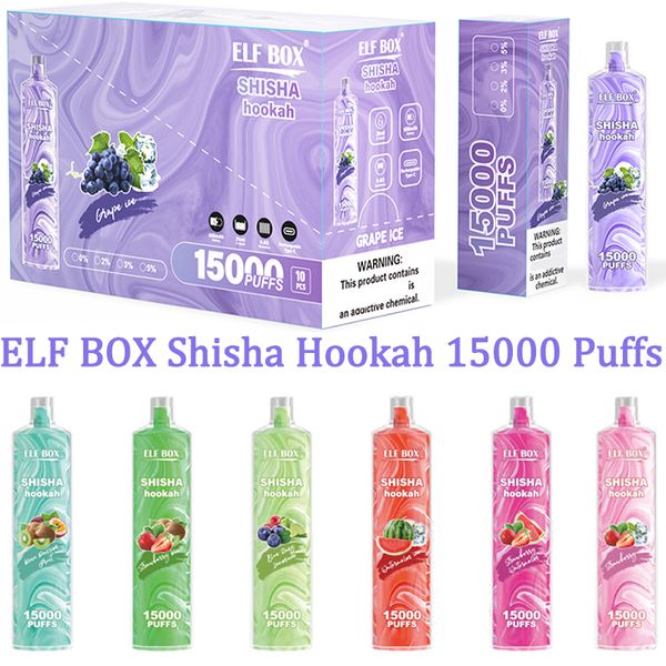 ELF BOX Shisha Hookah 15000 Puffs Jetable Vape E Cigarettes Puff 15k 0% 2% 3% 5% 26ml Pod pré-rempli 600mah Batterie rechargeable Type-C 0.6ohm Mesh Coil Pen