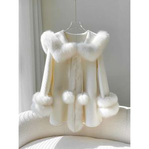 Manteau en laine de longueur moyenne pour femme, col elfe, fourrure de renard des neiges, Style Cape Double face en cachemire, 8783 fr