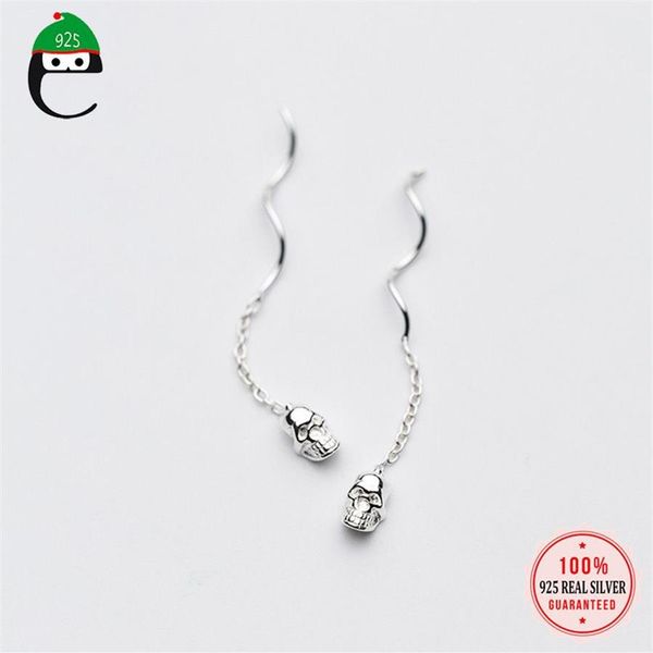 ElfoPlataSi 100% 925 boucles d'oreilles en argent Sterling véritable petit squelette crâne 4 cm lié goutte bâton filles amis cadeau XY813242b