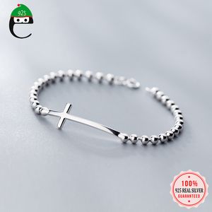 Elfoplatasi Minimalistische 100% 925 Sterling Fashion Mooie Cross Beads Armband voor Vrouwen Meisjes Fijn Zilver Sieraden ED95