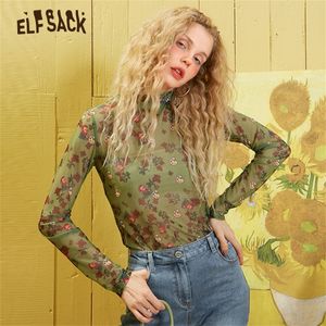 ELFSACK Groene Bloemenprint Chiffon Dunne Visnet Blouse Mesh Vrouwen Kleding Lente Lange Mouw Sexy Dames Koreaanse Top LJ200811