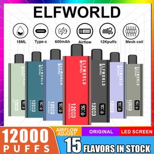 Elfworld Box 12000 Puffs wegwerp E Sigaretten Puff 12k 0% 2% 3% 5% 18 ml Voorgevulde pod 600 mAh Oplaadbare batterij Smart Screen Airfow LED-scherm