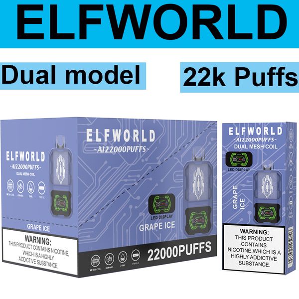 Elfworld Box 22000 Puff Puff 22K Puff 22000 Vapes bouffantes jetables Pen 26 ml 22000 E Cigarette 0% 2% 3% 5% Vaporisateur à double file