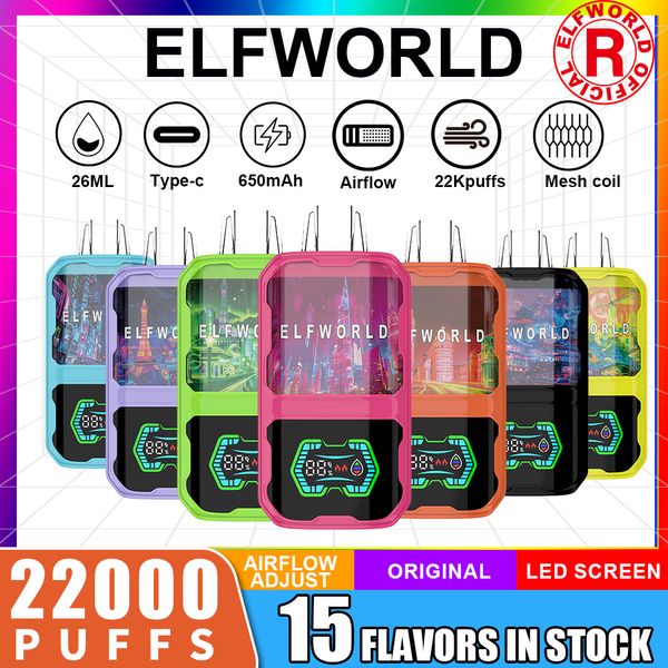 Elfworld Box Puff 22K Vapers Puff 22000 Puffs Puffs Disposable Vape Disposable Puff 26ML CARTRIDGES PRÉFUSTES POD 650MAH Affichage LED à double modèle rechargeable