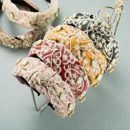 Elgant Koreaanse kant bloem hoofdband voor vrouw vintage kristal kralen top geknoopte brede zijband meisjes partij haaraccessoires