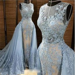 Elie Saab 2016 Avondjurken met Overskirts Kant Applicaties Sheer Hals Tulle Formele Prom Dress Beades Saudi Vestidos Arabische feestjurken
