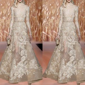 Elie Saab 2018 Galajurken Champagne Sheer Bateau Lange mouwen Formele jurk Avondkleding Illusion Floo -Lengte Partijjassen met S260M